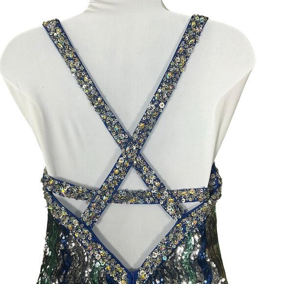 Xtreme Couture Green & Blue Wavy Sequin Mini Dress Embellished Straps 6 NWT - Picture 4 of 10